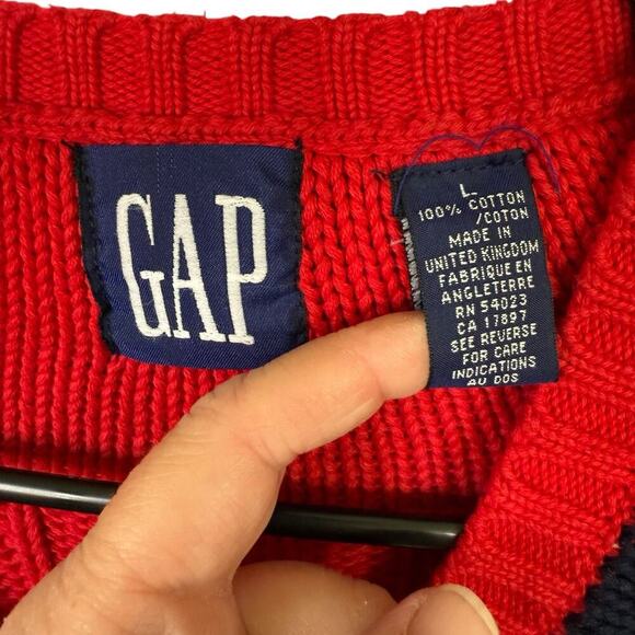 Vtg 90s Gap Vneck Cableknit Red Sweater Preppy Prep Academia L Criquet Old Money - Picture 2 of 6